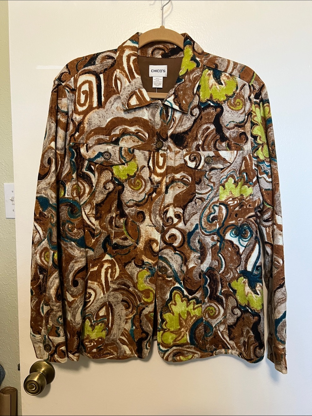 Chico's Earth-Tone Abstract Print Shirt with Lime Accents